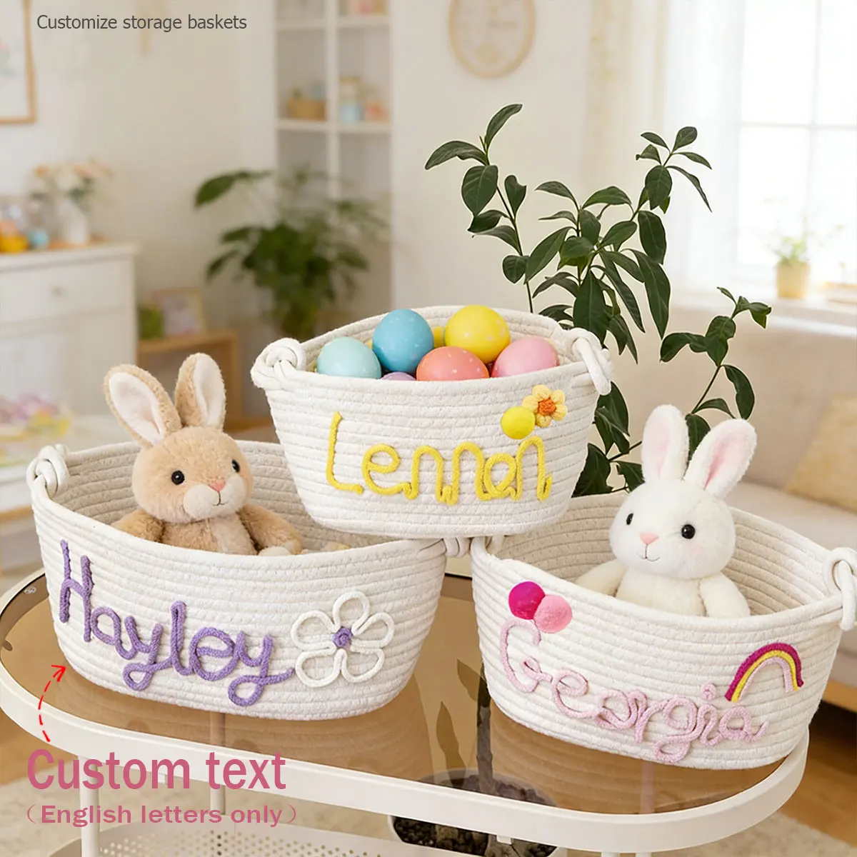 맞춤형 수납 바구니, 이름이 새겨진 바구니, 장난감 수납, 면 로프 바구니 선물..