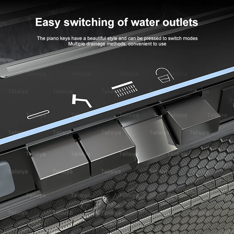 Stainless Steel Kitchen Sink Double Waterfall Digital Display Large Single Sink Honeycomb Embossed Pull Out Faucet Cup Washer 3
