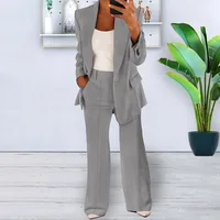 Women’s Sets Two 2 Pieces Sale Casual Pocket Single Button Blazer Jackets& High Elastic Waist OL Workwear Wide Leg Pant Suits
