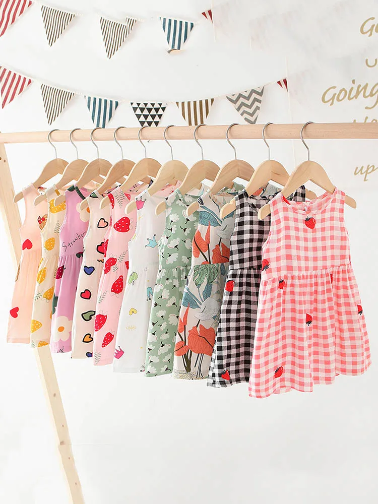 

2023 Summer Korean Dresses For Girls Casual Kids Dress Cartoon Animal Floral Plaid Crew Neck Sleeveless A-Line Knee Length Dress