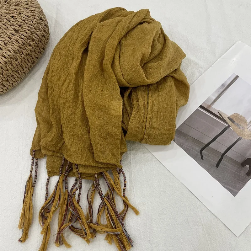 Autumn and Winter Literary Retro Cotton and Linen Hanging Colorful Beard Scarf Women's Sun Protection Large Shawl Decoration