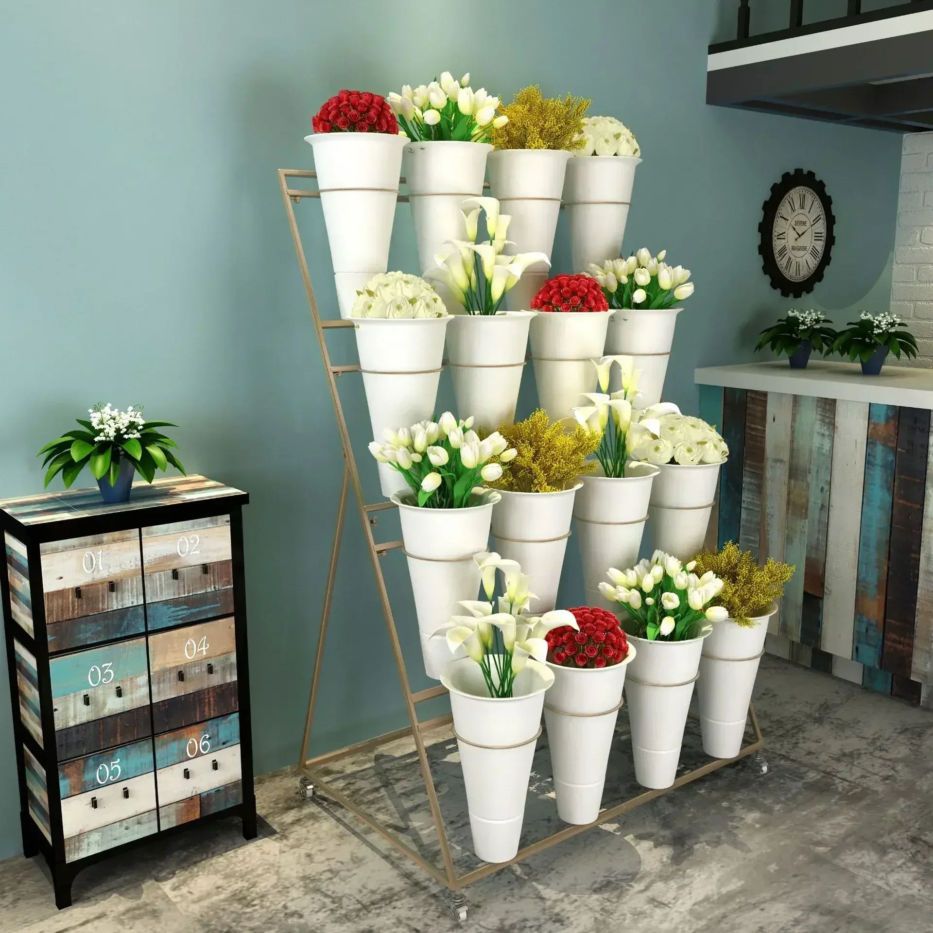 Multi-tier Flower Display Rack,Large Removable Display Stand with Plastic Bucket, Black Gold Flower Shop Iron Wedding Visualizer
