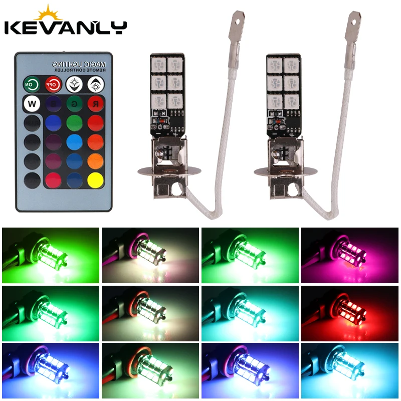 2 stks H1 H3 5050 RGB LED Kleurrijke Draadloze Afstandsbediening Strobe LED Decoratie DRL Mistlichten Dagrijverlichting Running Backup Lamp (Socket Type : H1