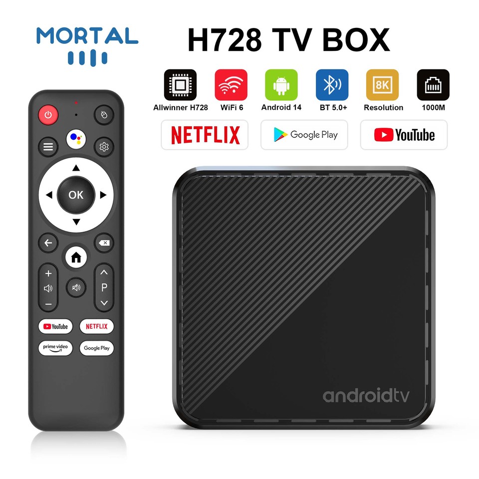 New Mortal H728 Android 14 BT5.+ 4GB 64GB Android TV Box Allwinner H728 Octa-core 8K HD 1000M LAN Wifi6 YouTube Streaming Player