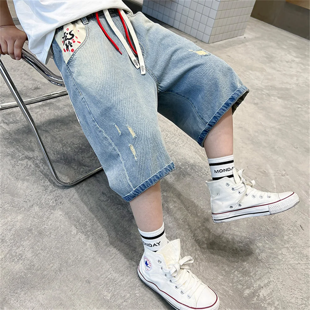 XT030 여름 데님 반바지 소년 카고 바지, 어린이 루즈핏 캐주얼 반바지, 어린이 청바지, 소년 데님 카프리