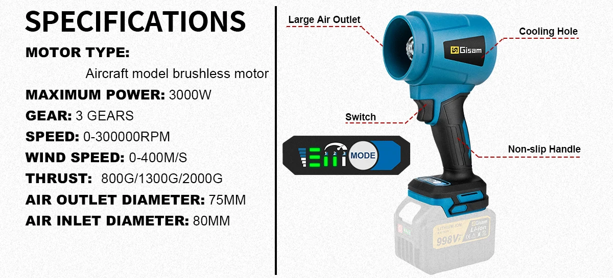 300000RPM 400M/S Brushless Electric Turbo Blowers Jet Fan Handheld Leaf Blower D