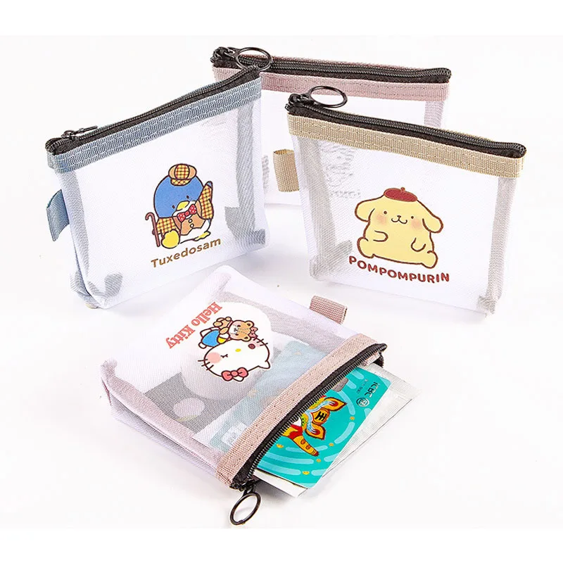 

Kawai Hello Kitty Pompom Purin Mesh Storage Bag Transparent Portable Cosmetic Storage Bag Sanrio Cartoon Zero Purse Zipper Bag