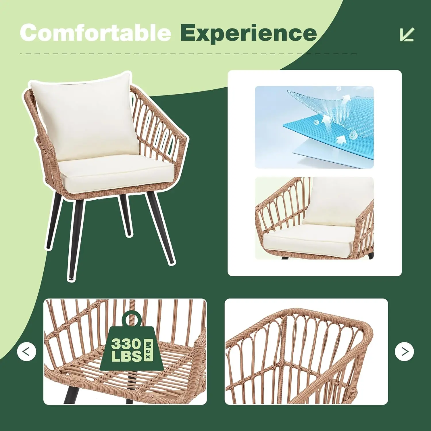 3 Piece Wicker Patio Bistro Set, Outdoor Rattan Dining Set with Glass Top Table, Chairs, and Cushions