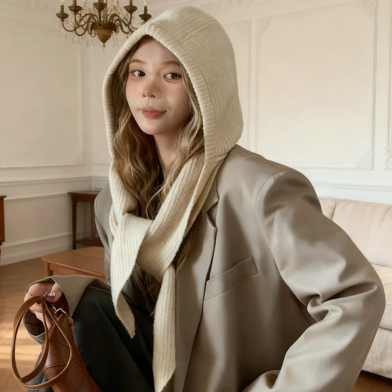 Korean Balaclava Bonnet Y2K Wool Knitted Hat Scarf One Piece Thickened Warm Retro Neck Protection Winter Accessories