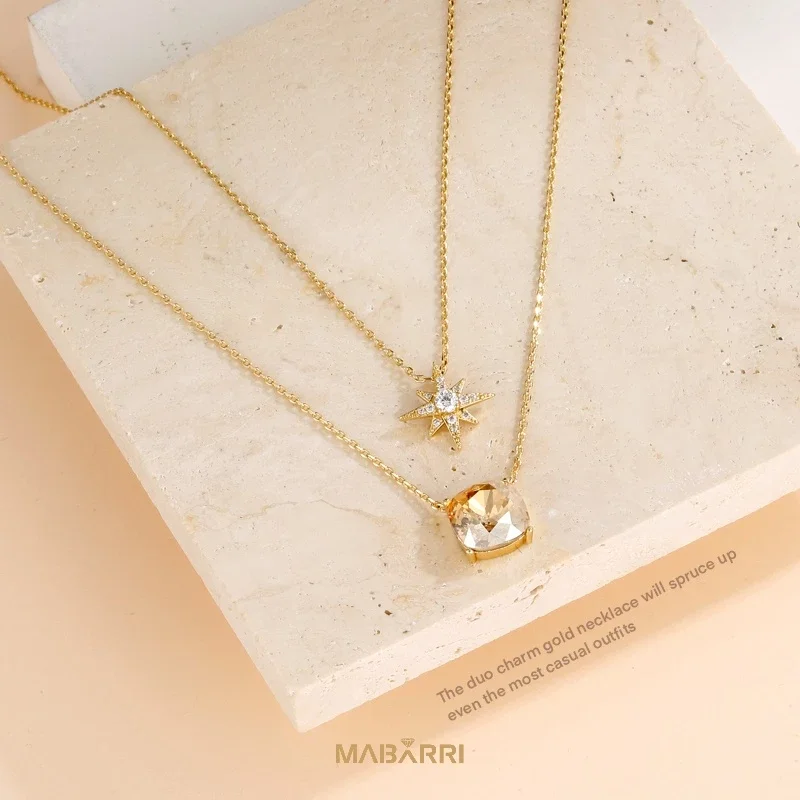 MABARRI Gold Pendant Necklace 14K Real Gold Plated Crystal Charm Adjustable Layered Necklace with Extention Chain for Women Girl