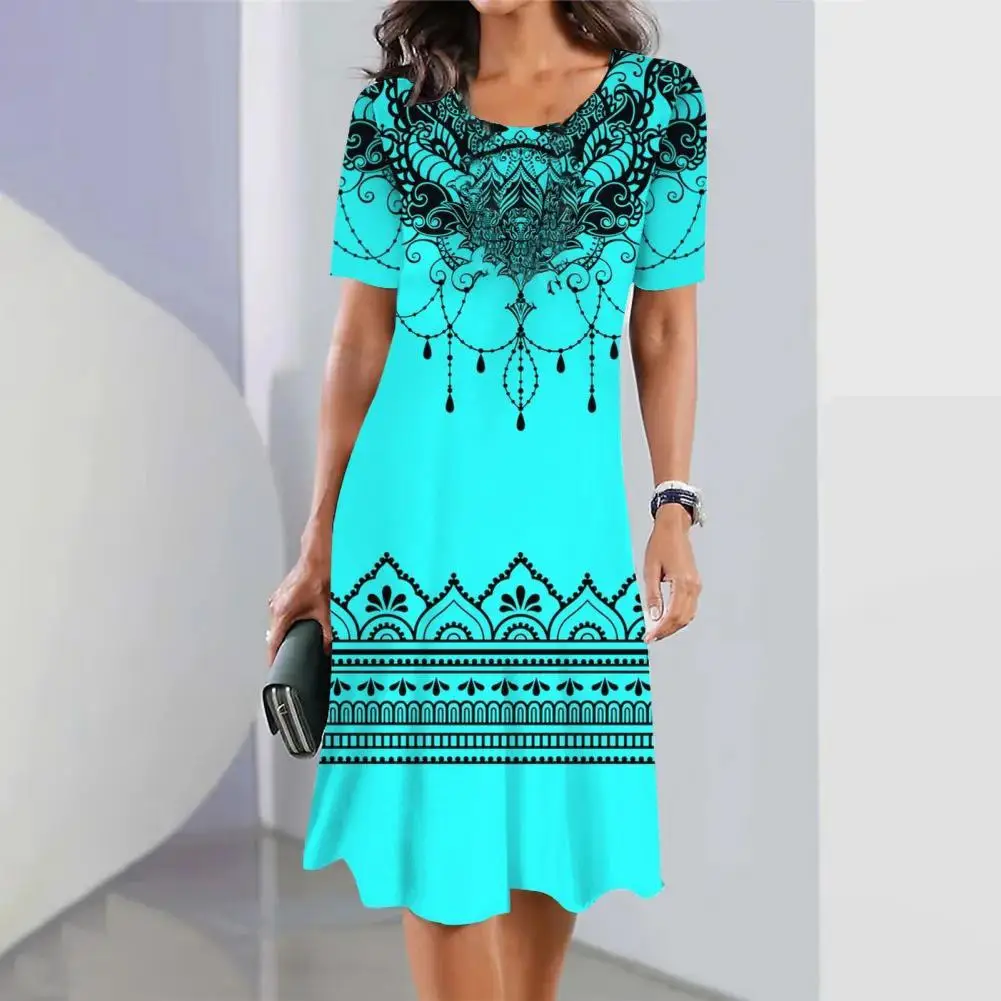 

Round Neck Midi Dress Ethnic Style Printed Midi Dress for Women A-line Knee Length Pullover with Short Sleeves Summer Commute