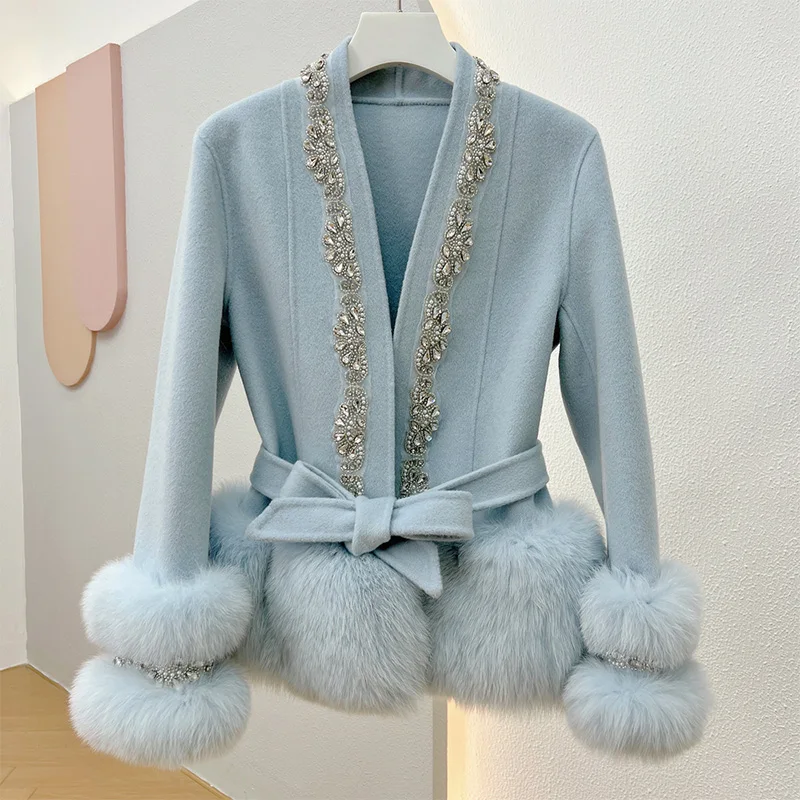 RosEvans Winter New Luxury Short Bead Natural Fox Fur Coat Warm Temperament Double-sided Cashmere Coat Women Belt Fashion Jacket autumn and winter coat new double sided cashmere coat female medium length temperament fashion wool tweed coat coats for women