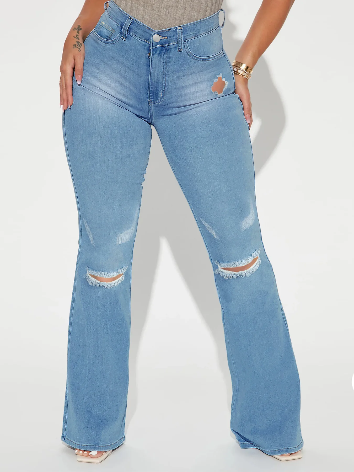 Women's Denim Pants Summer Fashion Trends Street Holes Denim Micro Flared Pants Women's Retro Vintage Blue Jeans