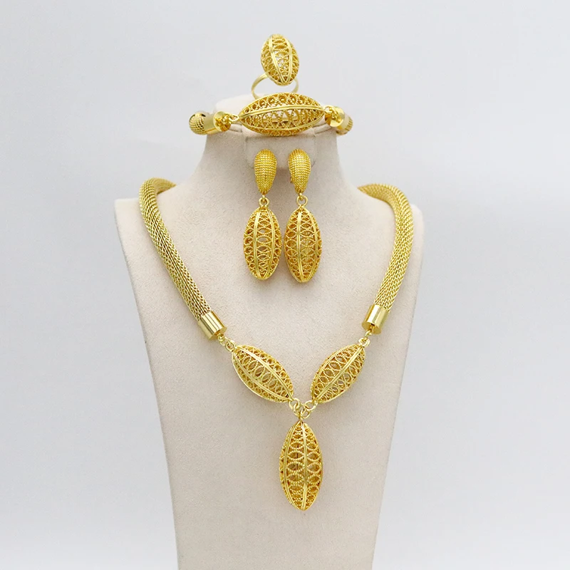 

24k Ethiopian Jewelry African Olive Oval Gold Jewelry Indian Necklace and Earrings for Israel/Sudan/Arabia/Middle East