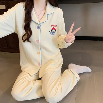 التطريز لطيف موضة جديدة المرأة منامة مجموعة جديد الخريف الشتاء لينة 2 قطعة مجموعة ملابس خاصة عادية التلبيب الرقبة المتسكعون للنساء 2