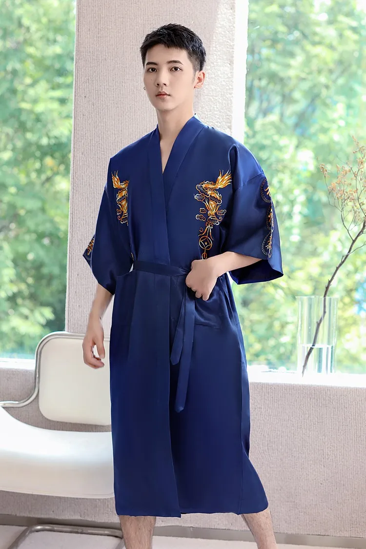 Sleepwear Men Robe Embroidery Dragon Summer Kimono Bath Gown Sexy Nightwear Loose Bathrobe Lingerie V-Neck Oversized Loungewear mens silk pajamas