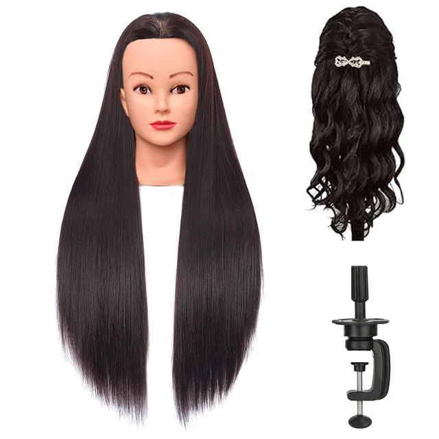 Tête de formation synthétique cheveux longs pour tresse coiffure avec pince support de perruque tête de poupée pour coiffures tête de Mannequin 1