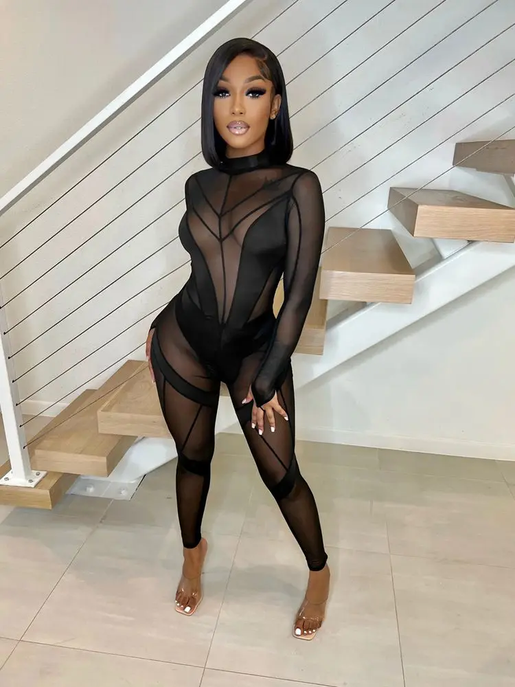 Haoyuan Sexy Sheer Mesh Patchwork Black Bodycon Jumpsuit One Piece Club  Outfits For Women 2022 Fashion Baddie Clothes Rompers - Jumpsuits -  AliExpress
