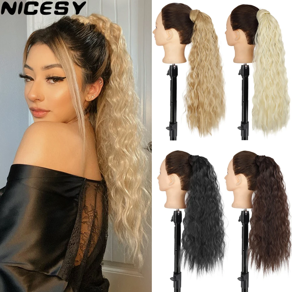 

NICESY Synthetic Corn Wavy Long Ponytail Hairpiece Wrap on Clip Hair Extensions Ombre Black Brown Pony Tail Blonde Fake Hair