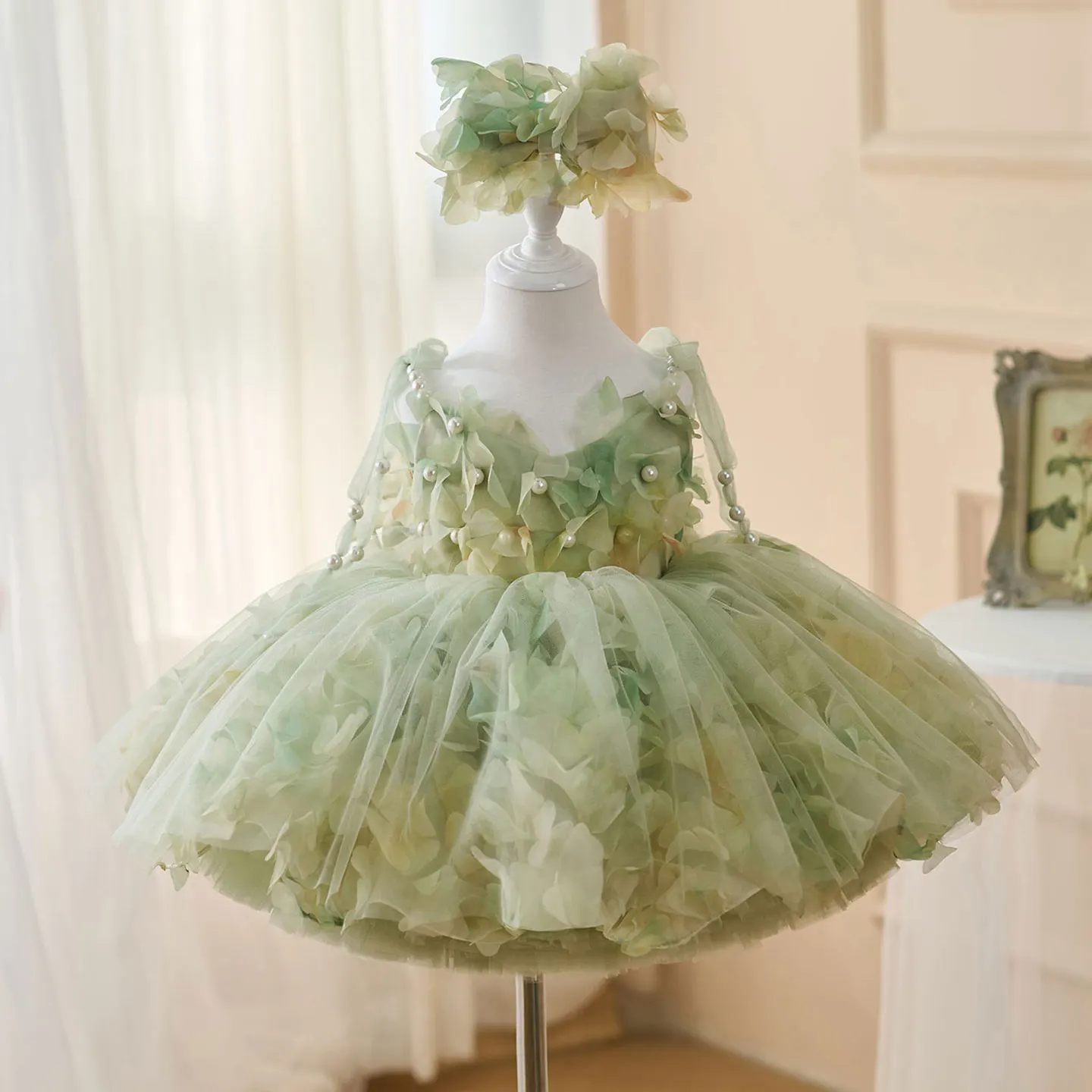 Jill Wish D053 Lovely Sage Green Flower Girl Dresses with Hairband Pearls  for Baby Kids Wedding 1st Birthday Pageant Party - AliExpress 320