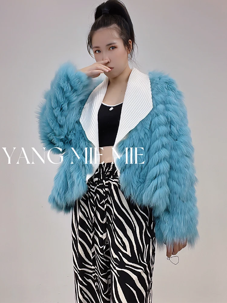 

2023 Women Blue Black Real Fox Fur Knitting Cardigan Open Stitch Winter Real Fox Fur Knitted Collar Short Fur Coat