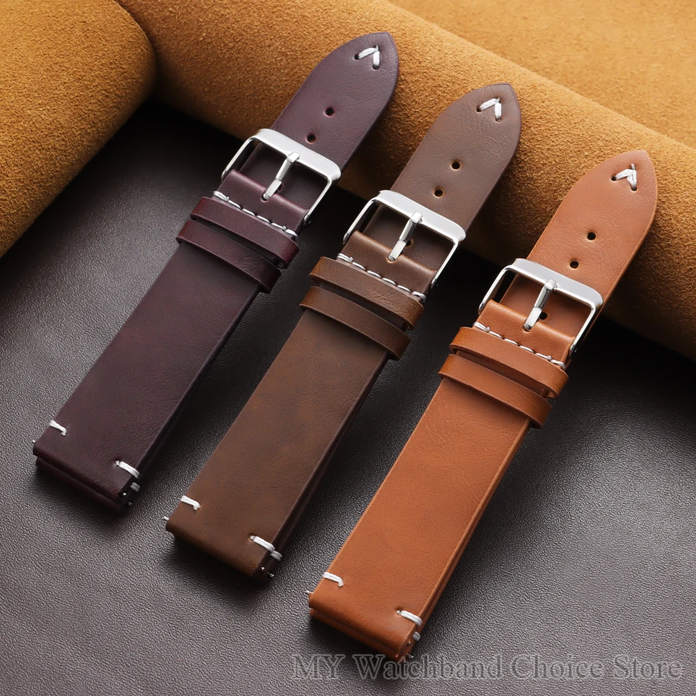 Vintage Cowhide Leather Watch Band - Handmade Stitching, Soft Sport Bracelet with Quick Release