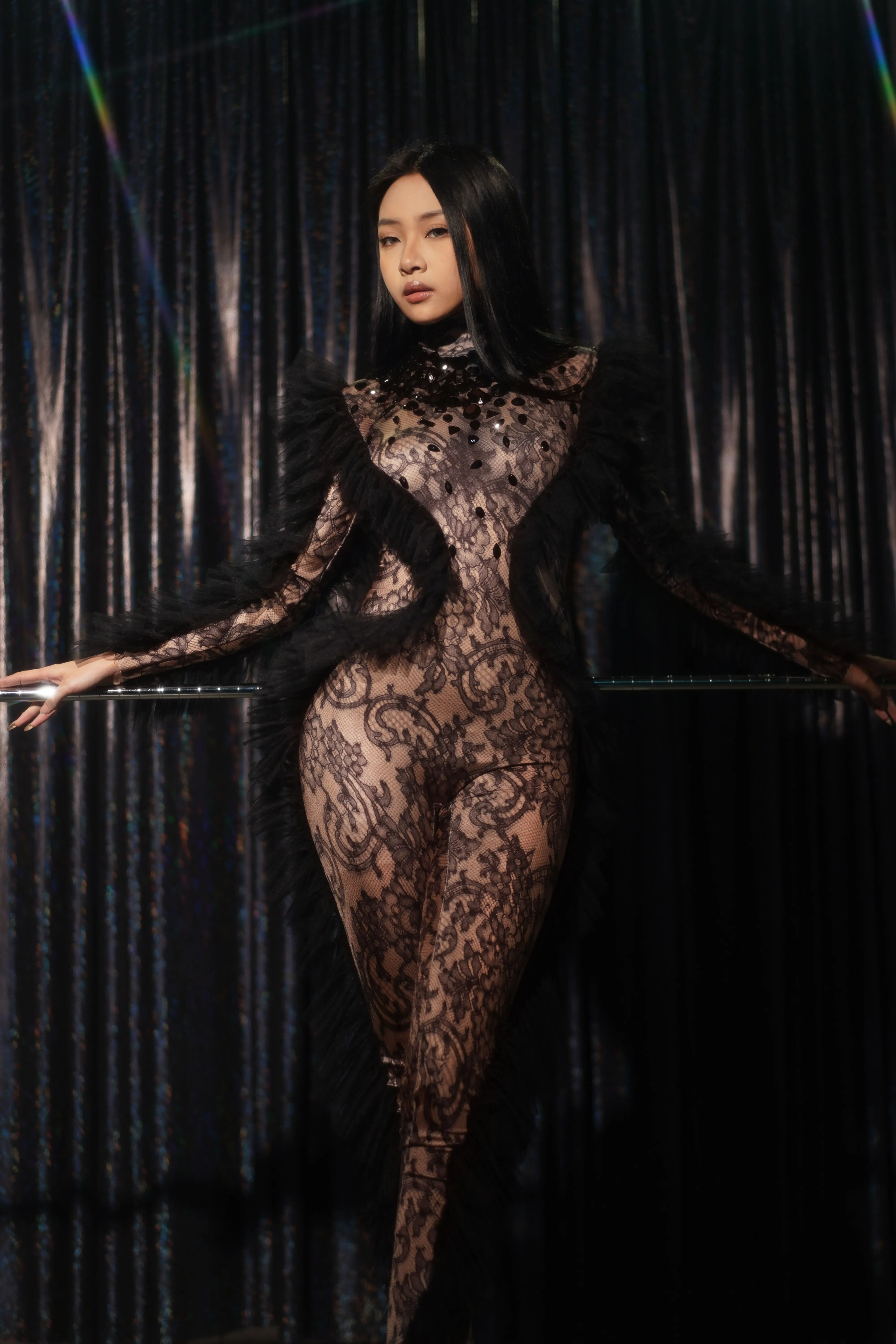 

Black Rhinestones Sexy Pattern Jumpsuit Women Dance Prom Party Show Long Sleeves Outfit Birthday Spandex Stage Wear heihuzi