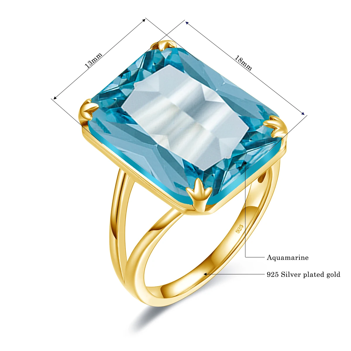 Classic Aquamarine Ring 925 Sterling Sliver Rings For Women Gold Plated Gemstone Vintage Party Gift Female Fine Jewelry