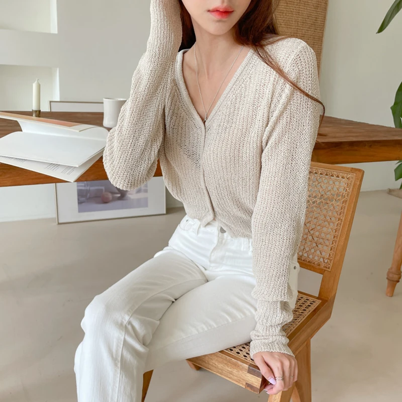 

New Spring Summer Elegant Cardigan Women Sexy Hollow Out V-neck Sun-proof Casual Tops Female Korean Fashion Coat Y2k Pullover
