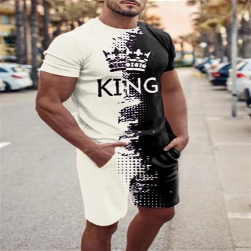 남성용 캐주얼 스웻셔츠 티셔츠 수트, 왕관 패턴 프린트 반팔 상의 및 반바지, 빈티지 패션, 매우 잘 생긴 여름