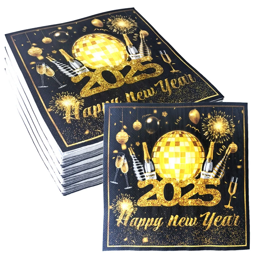 New Year Cocktail Napkins 20/40/60pcs Happy New Year Napkins Black and Gold Disposable Party Decors paper napkins