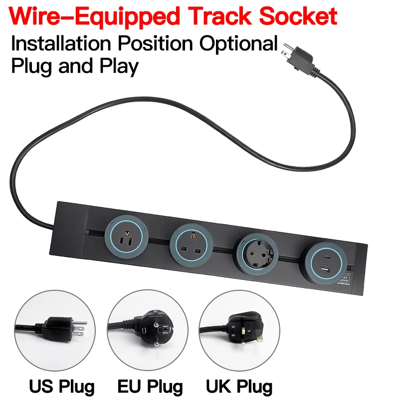 Wall‑Mounted Power Track Outlet Rail, Modular Sliding Socket Strip with USB‑C, US/EU/UK Adapters, Grey/Black, For Office Home 5