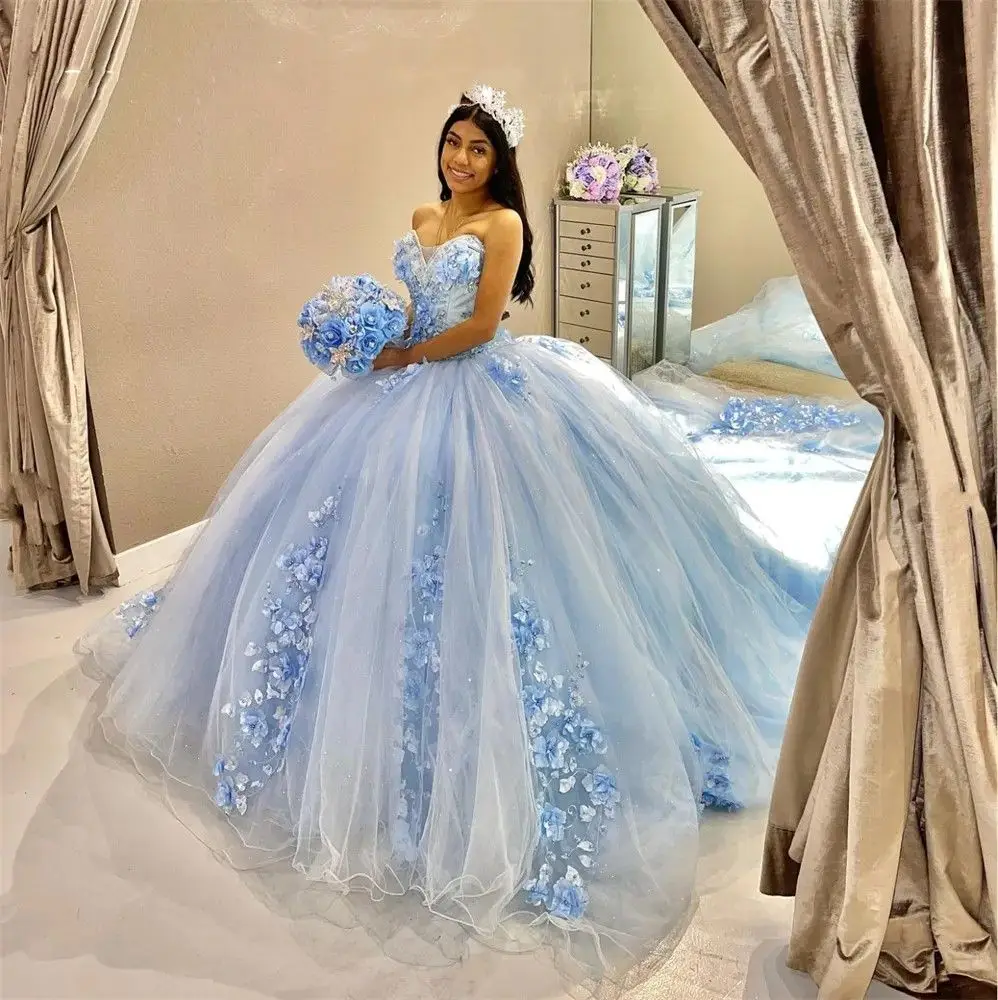 

Loves Blue Sweetheart Ball Gown Quinceanera Dress For Girls Beaded 3D Flowers Applique Sweet 16 Vestidos De XV 15 Anos Birthday