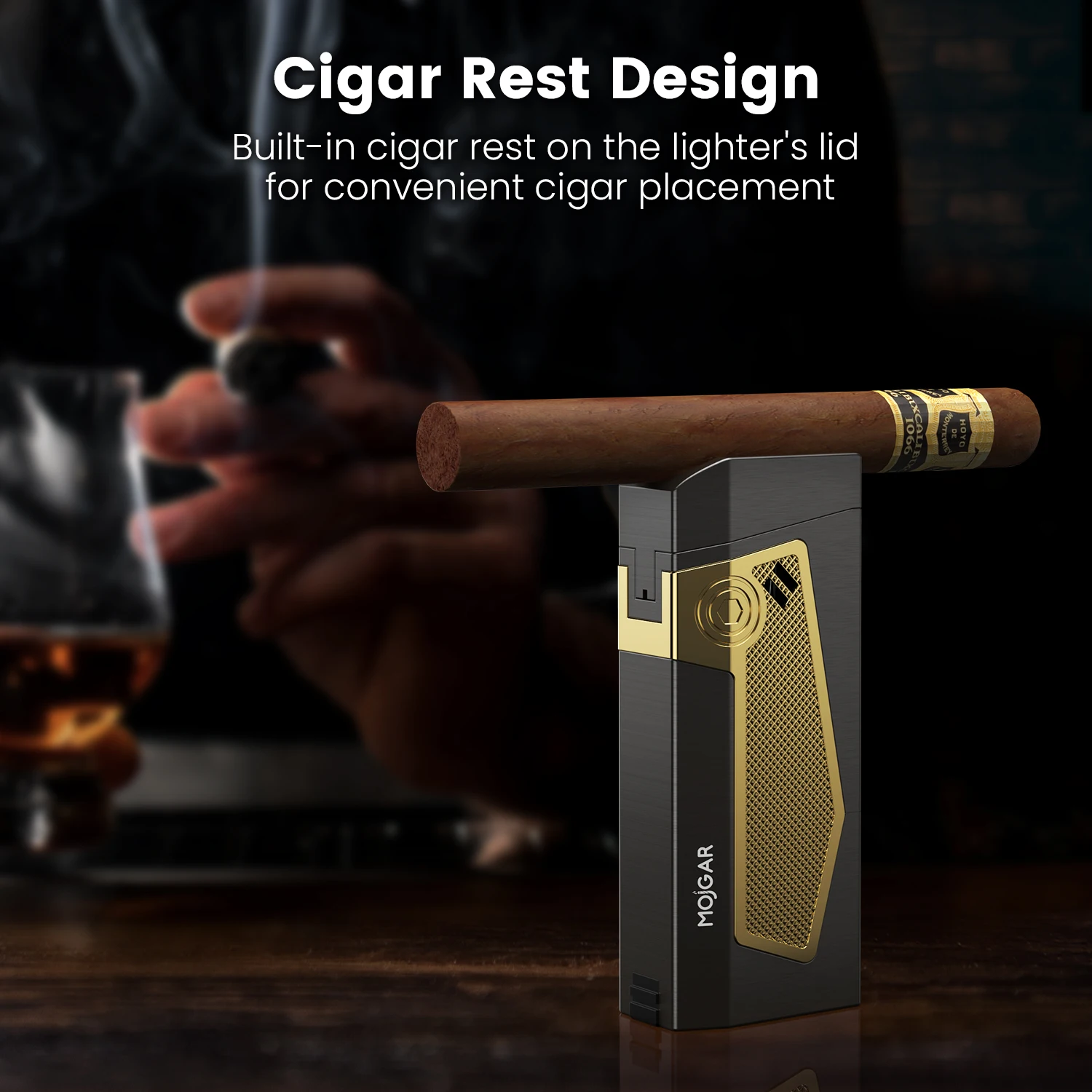 All-in-one Cigar Lighter with Quad Jet Torch Flames Cigar Stand Punch Draw Enhancer Accessories 4-in-1