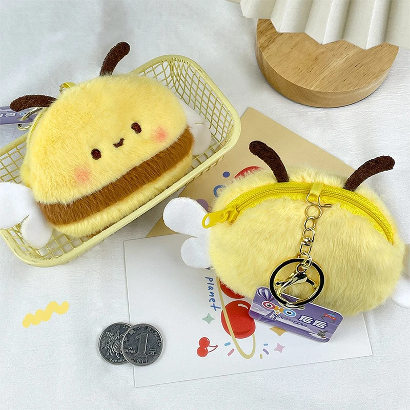 Cartoon Bee Coin Purse Soft Plush Zipper Small Wallet Girls Kawaii Data Cables Earphones Bag Key Pouch