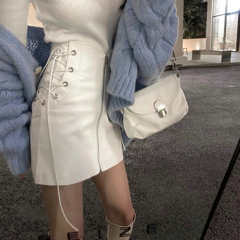 Black Leather Skirt Laces Waist Lace Leather Skirt Black Leather