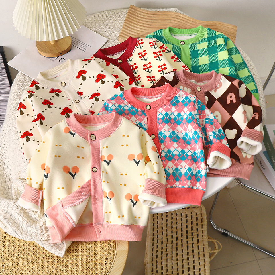 2024 Autumn Winter New in Kids Baby Girls Boys Thicken Warm Clothing , Children Floral Cardigan Toddler Top Outwear Sweater