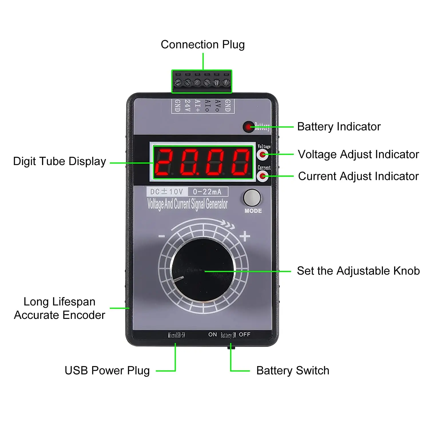 Adjustable 4-20mA Signal Generator Current Voltage Analog Simulator 0-10V/0-22mA Signal Sources for Value Adjusting PLC 2