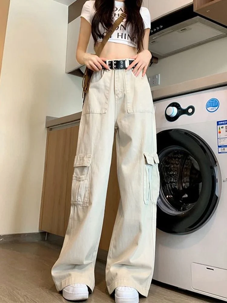 Deeptown Y2k Kpop Beige Denim Cargo Jeans Women Vintage Hippie Wide Leg Baggy Pants Korean Fashion Streetwear Oversize Trousers