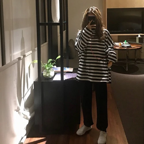 하라주쿠 스트라이프 티셔츠 긴 소매 오넥 한국 캐주얼 오버사이즈 티셔츠 여성용, 블랙, 얼짱, 봄 가을 3