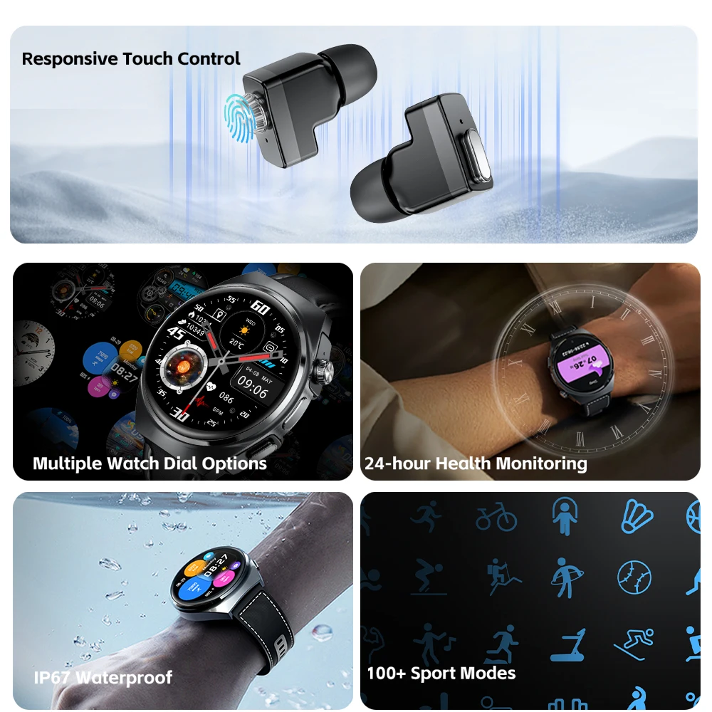 2024 New For HUAWEI Xiaomi Smart Watch With Earbuds TWS Bluetooth
