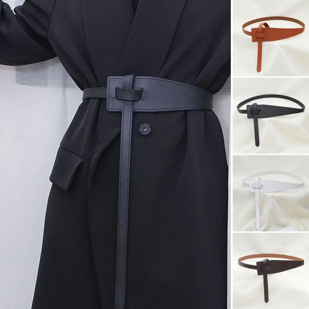 

Women Faux Leather Belt Korean Style Women's Faux Leather Belt with Adjustable Knot Long Waistband Irregular Shape Suit Coat