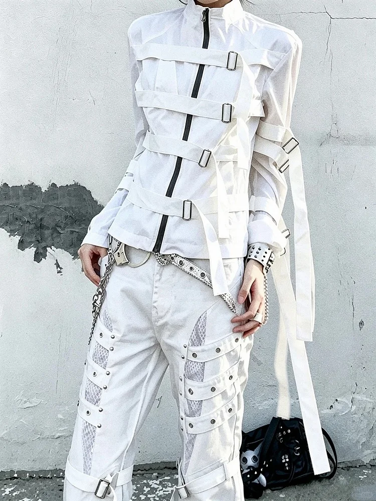 White Gothic Punk Strap Jacket With Buckles, Zip Closure and High Neck — photo 1
