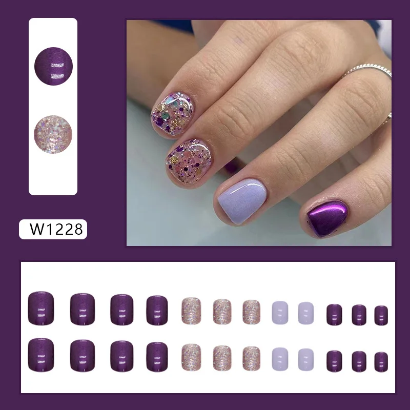 24pcs Purple Square False Nails Glitter Crystal Short French Fake Nails Full Cover Press on Nails Faux Fingernails Nail Tips