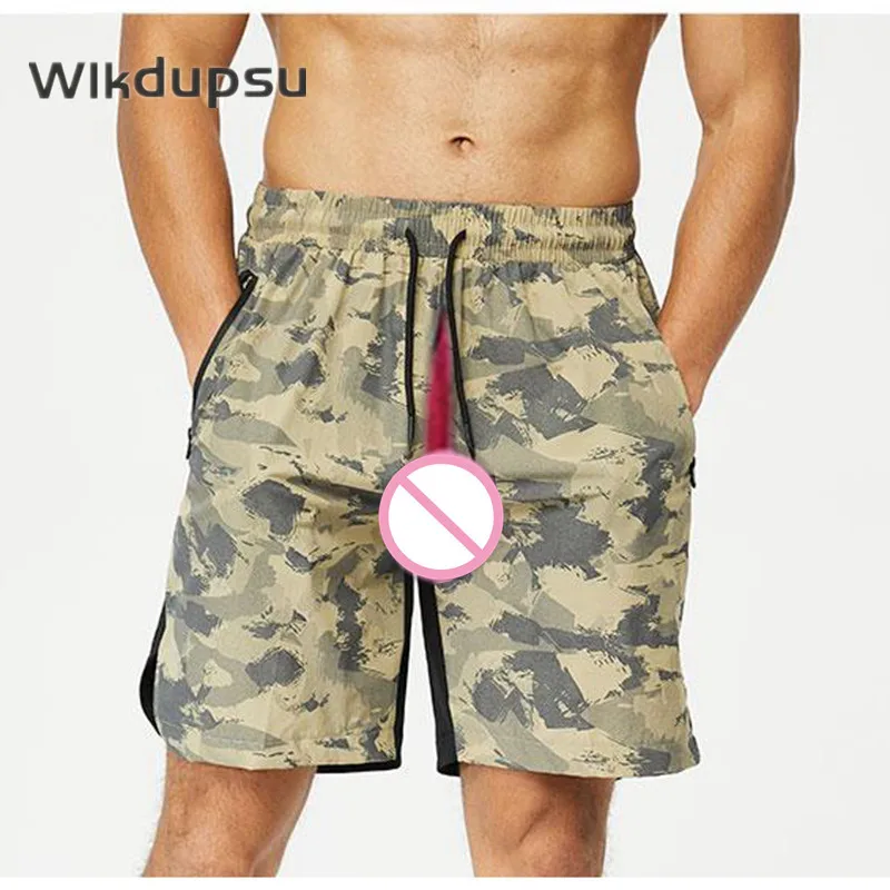 

Mens Summer Sports Shorts Sexy Invisible Double Zippers Open Crotch Pants Camouflage Breathable Quick-dry Running Gym Fitness