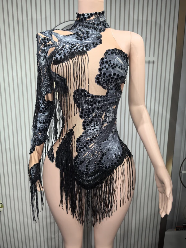 Sexy Skinny Leotard Singer Dancer Show StageWear Sparkly Blue Rhinestones Women DanceCostume Fringes One Shoulder Bodysuit  7G