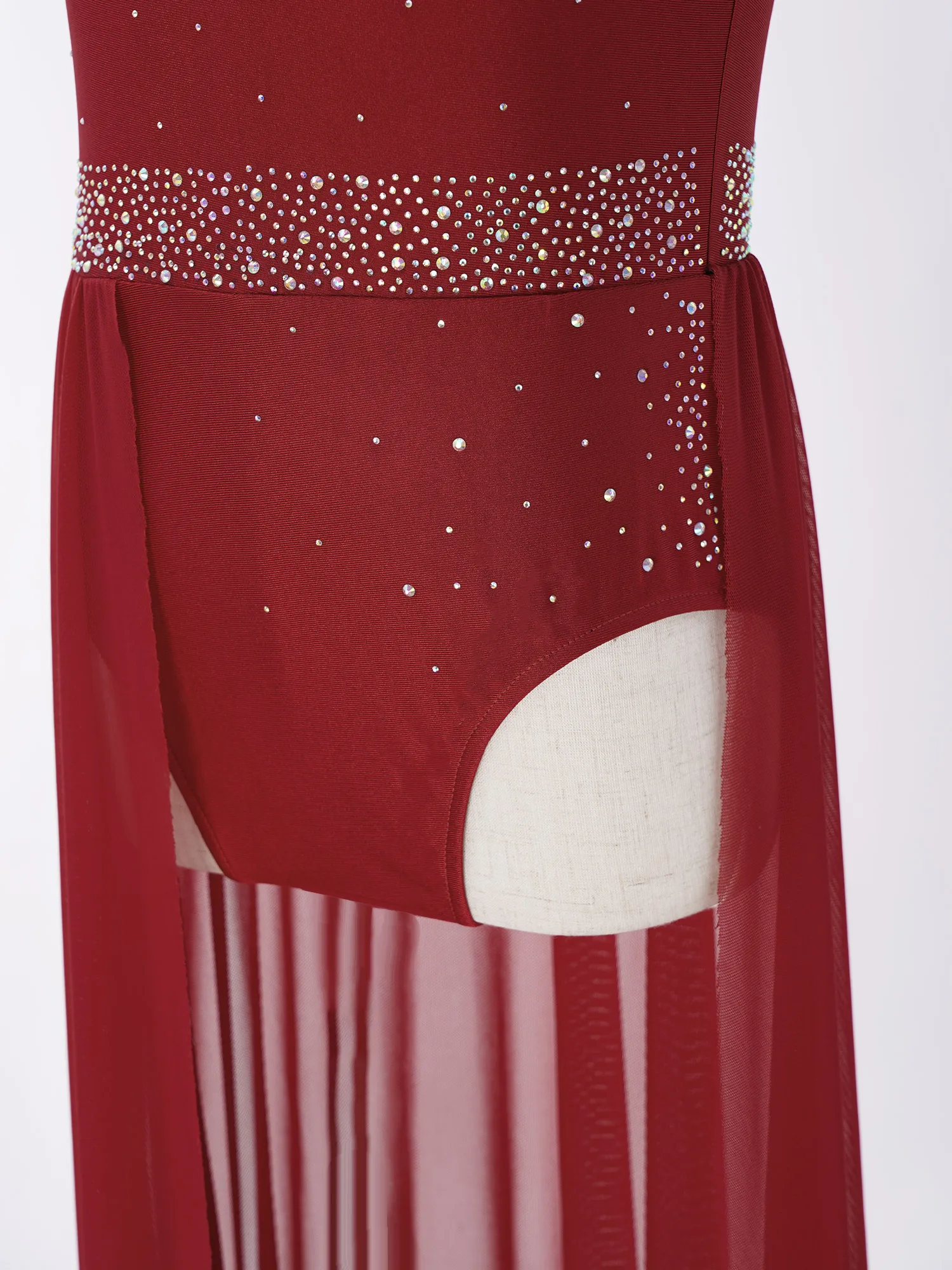Modernes Lyrisches Tanzkleid für Mädchen, Ballett-Gymnastik-Aufführungskostüm mit Strass, Seitenschlitz und Transparentem Netzstoff – Detail 11