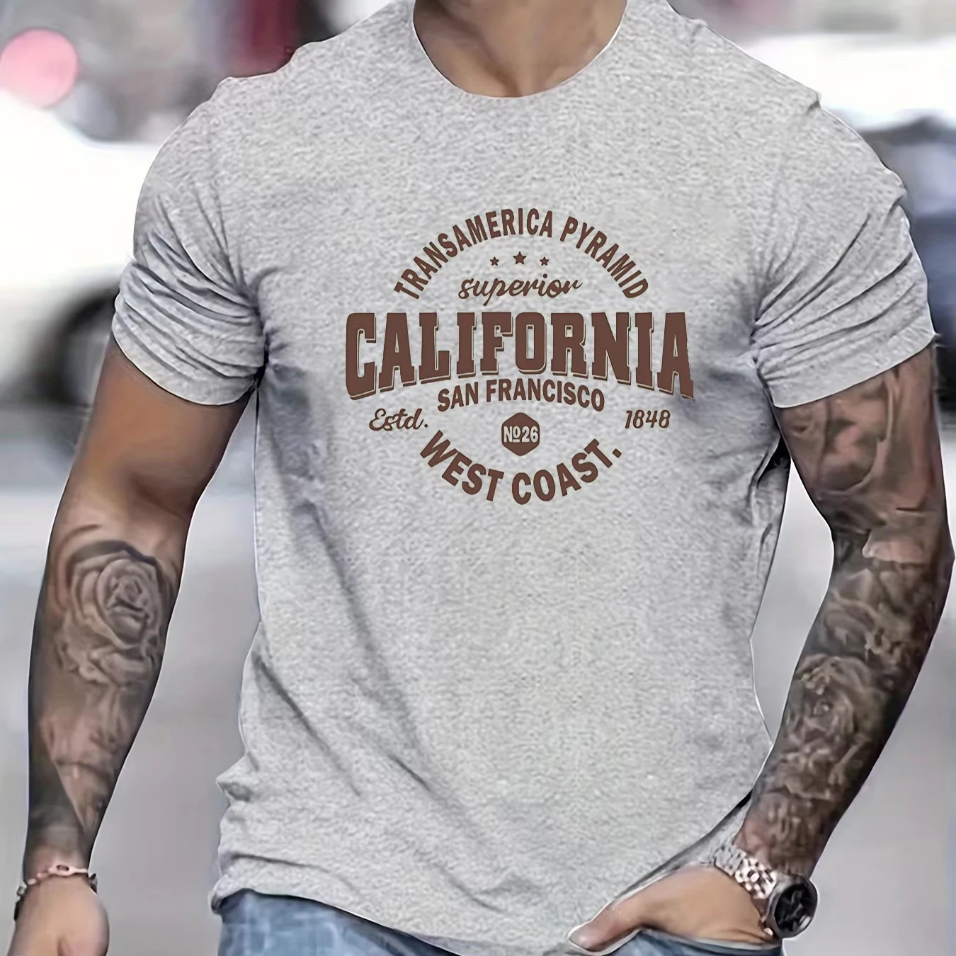 Men's Cotton Casual Sports Loose Fit California West Coast Print Round Neck Short Sleeved T-shirt Top Summer Men Clothes