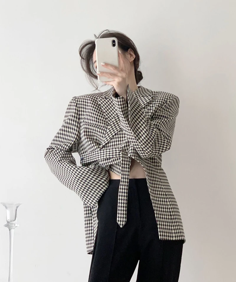 Houndstooth Plaid Blazer Women’s Black Irregular Suit Jacket Streetwear Korean Ribbon Cropped Womens Coat Office Lady Elegant Striped Jackets Outwear Plus size Blazers for Woman 