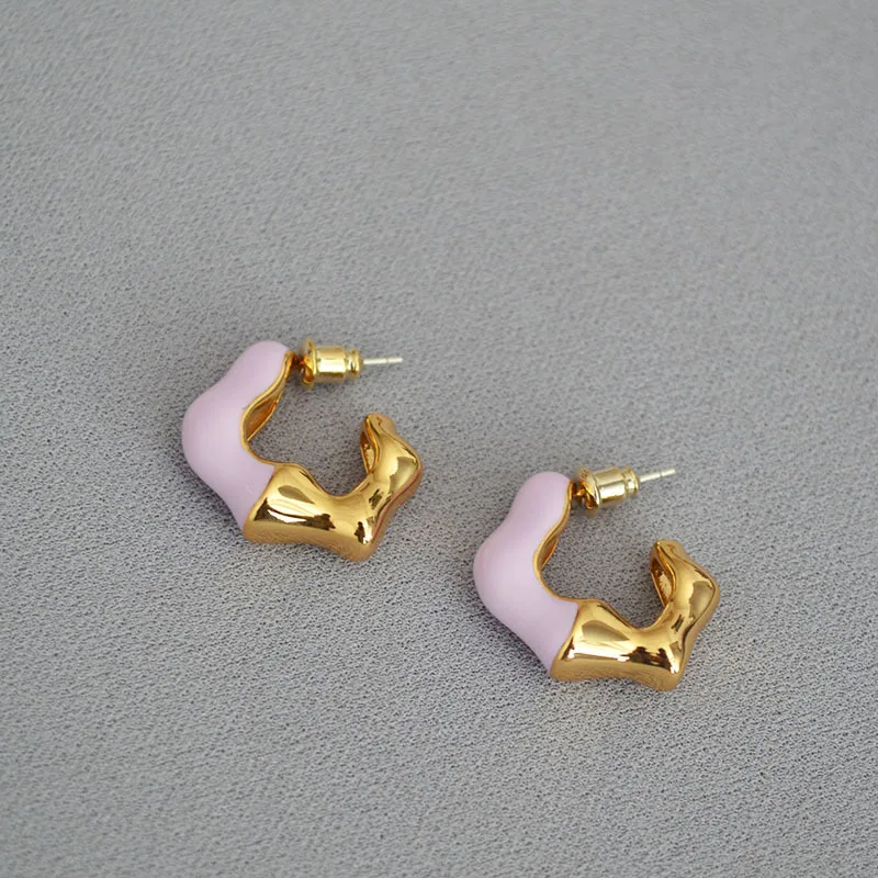 Gold Plated Brass Earrings Handmade Enamel Wavy Design 925 Silver Needle Hoop Earrings